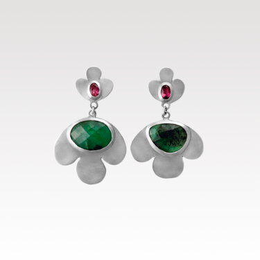 Emerald and Pink Tourmaline Tri-Petal Earrings