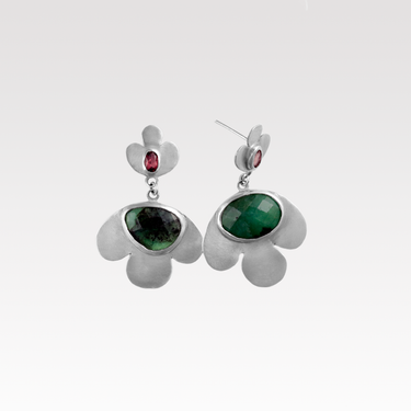 Emerald and Pink Tourmaline Tri-Petal Earrings