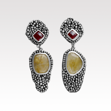 Red Garnet and Rutilated Quartz Puddle Earrings