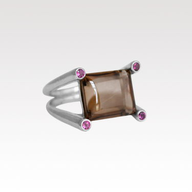 Smoked Quartz and Pink Tourmaline Square Top Ring